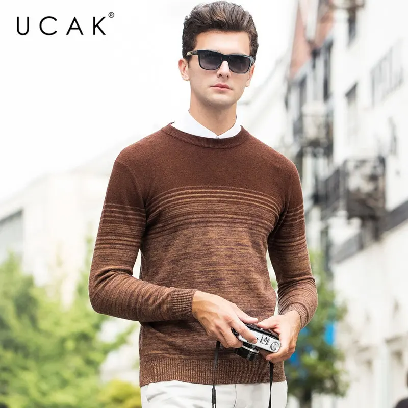 UCAK Brand Merino Wool Sweater Men Autumn Winter Thick Cashmere Pullover Men Fashion Gradient Color Men Sweater Pull Homme U3055