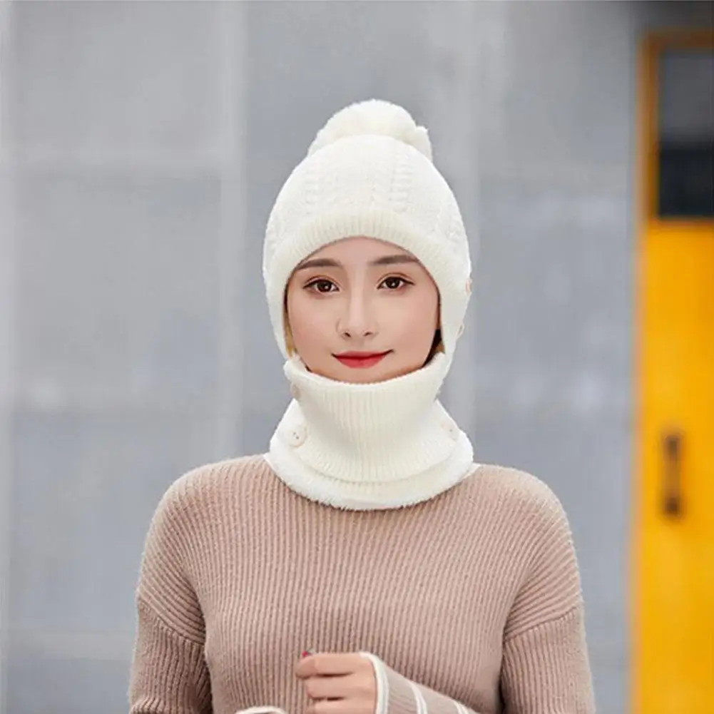 MISSKY Lady Warm One-piece Women Hat-Mask-Scarf Winter Thicken Knitting Wool Ball Riding Outdoor Beanies For Female