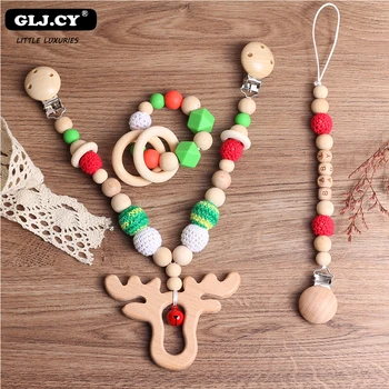 

Baby Wooden Teether Play Gym Christmas Elk Pacifier Chain Silicone Beads Dummy Clip Baby Teether For Toys Holiday Gift