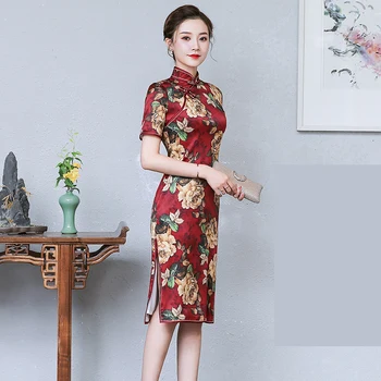 

Lady Short Sleeve Casual Dress Plaid Traditional Vintage Button Qipao Red Satin Cheongsam Print Flower Mandarin Collar Dress