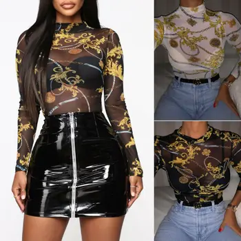 

2020 Hot Mesh T Shirt Women Ladies Long Sleeve See Through Sexy Perspective Floral Tops Autumn Winter Casual Shirt