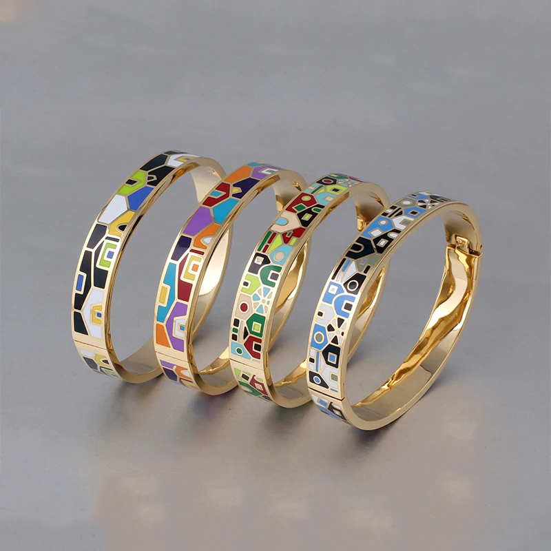 Buy New Fashion Stainless Steel Open Bangle For Women Gold Geometric colorful enamel painted Bangles Wedding Jewelry