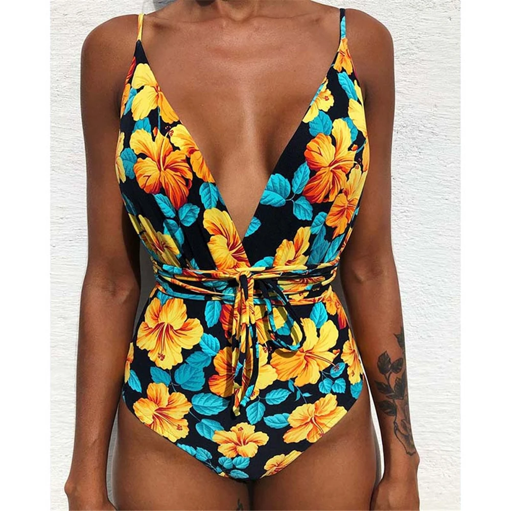 2021 Sexy Retro Floral Print Swimwear Women One Piece Swimsuit Bandage Bathing Suit Female Brazilian Monokini Backless Bodysuit | Спорт и