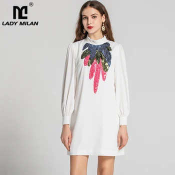 

Women's Runway Dresses Stand Collar Long Sleeves Sequined Beaded Fashion Straight Short Dress