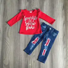 Одежда для маленьких девочек; осенне-зимние наряды для девочек; красный топ с дырками; джинсы; брюки; Эксклюзивная Одежда для девочек