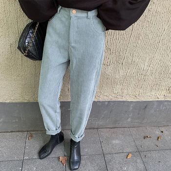 

Yocalor 2019 Winter Women Corduroy Pants Fashion High Waist Lady Straight Pants Streetwear Women Trousers Capris Harajuku