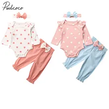 Детская одежда; сезон весна-осень комплект одежды из 3 предметов для маленьких девочек; топ с длинными рукавами и принтом в виде сердечек; комбинезон с цветочным принтом и штаны