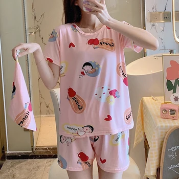 

Women Cute Cartoon Letter Print Pajamas Set Short Sleeve Shorts Cloth Bag 3pcs Sleepwear Round Neck Loungewear Homewear S155