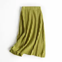 Винтажная Гибкая эластичная юбка миди с высокой талией, плиссированная теплая трикотажная юбка для женщин, зеленые черные юбки цвета хаки для женщин