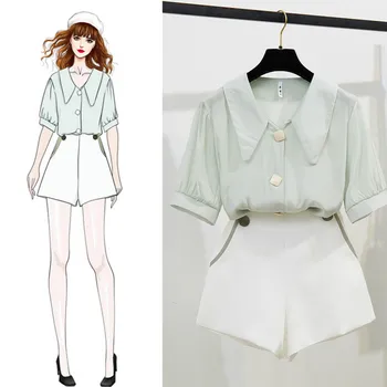 

Casual Brief Sweet Short Sleeve Blouse Shirt High Waist Solid Chiffon Shorts Women's Cute 2 Pieces Sets