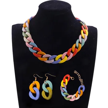 New Acrylic Long Chain Necklace Earrings For Women Colorful Resin Chain Collar Pendant Necklaces Fashion Jewelry