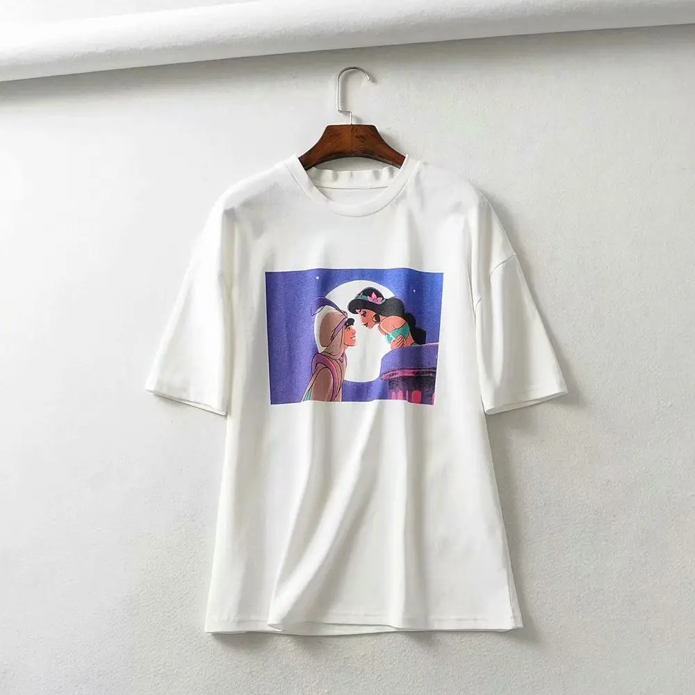 

2019 Summer new women's European and American style zaraing round neck short-sleeved chest Aladdin print head T-shirt women's