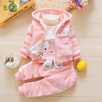 

New 2020 Baby Boys Girls Warm Set Winter Cartoon Cat Kids Thickening Hooded Vest+Sweater+Pant 3Pcs Sport Suits Children Clothing