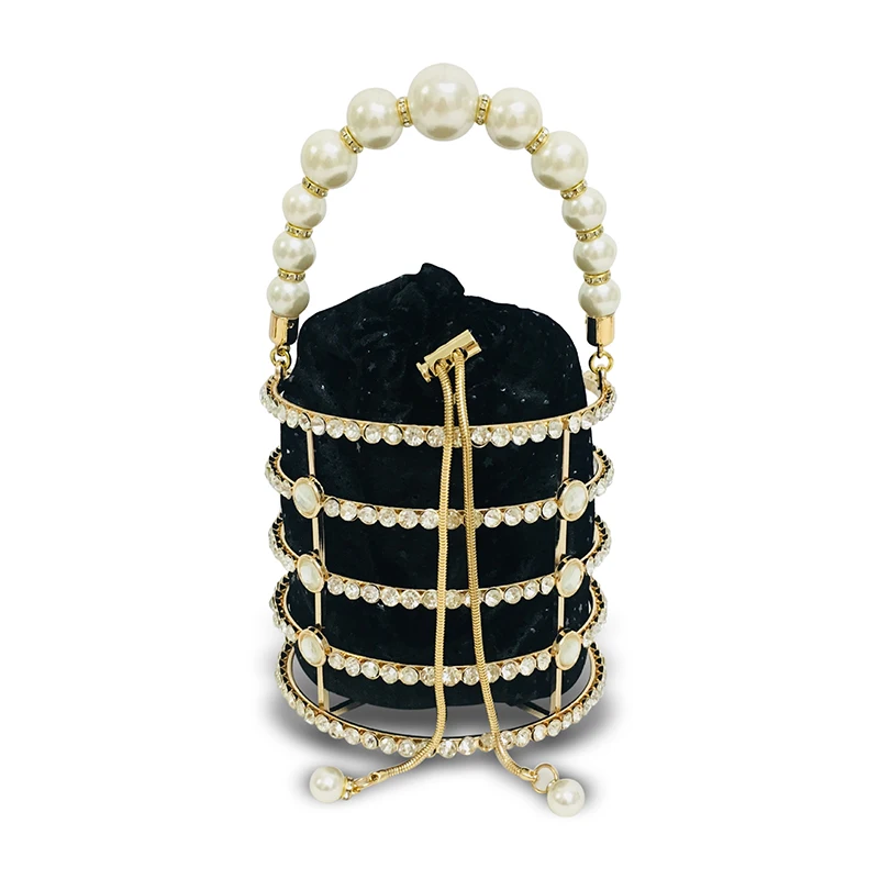 

2019 Autumn Pearl Rhinestone Hollowed Out Handbag Female Evening Bag Bright Flashing Black Slung Dress Bright Flash Bucket Bag