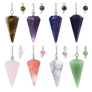 KFT Natural Healing Crystal Quartz Hexagon Pyramid Chakra Reiki Stones Beads Chain Pendulum Stone Pendant Amulet Jewelry