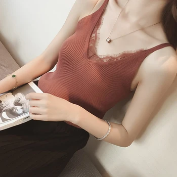 

Women Summer Lace Tops Flower Solid Stitching V-neck Camisole Female Knitted Short Section Slim Outer Wear Shirt Trend Tank Tops