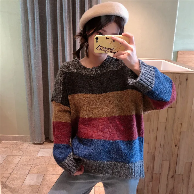 

2019 Knit Shirt Sweater Women Autumn Winter Retro Sweaters Ladies Patchwork Contrast Color Knitwear Knitted Pulloers Tops Female