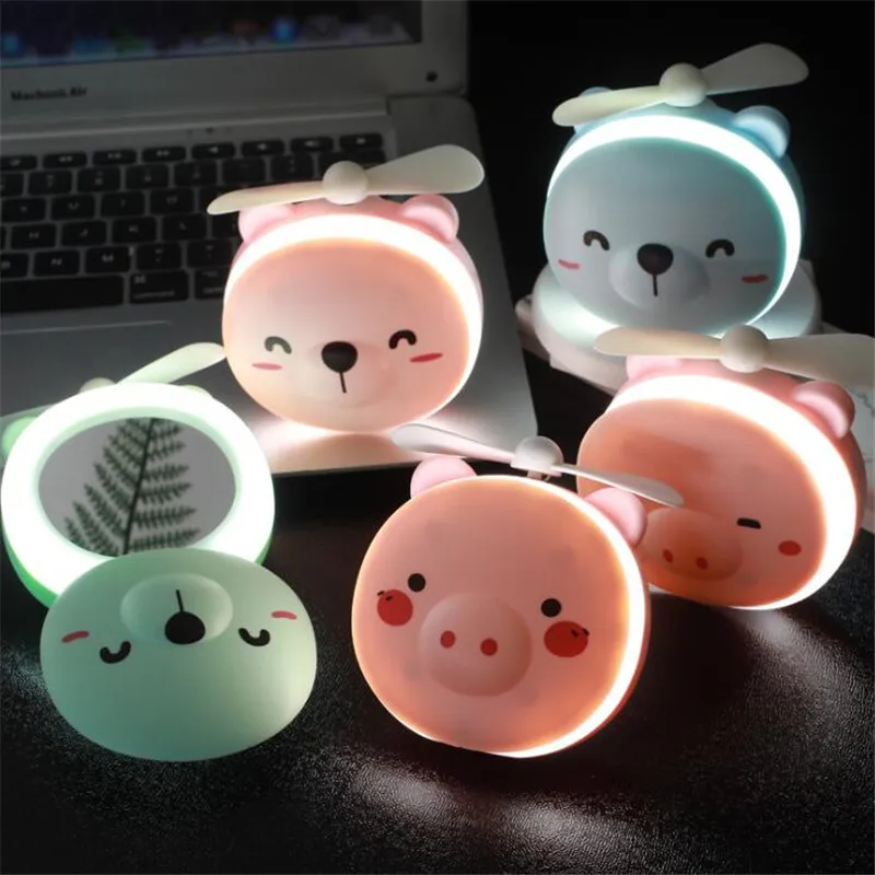 Makeup LED Lamp Cute Animal Mirror Lampara Multifunctional Mini Fan USB Charging Luminous Night Light Beauty Mirror Girls Gifts