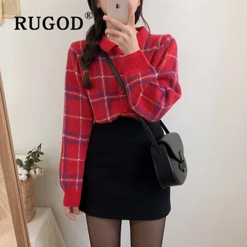 

RUGOD Vintage Knitted Sweater Plaid Cardigan Turndown Collar Winter Tops For Women Knitwear Loose Korean Style Fashion 2019