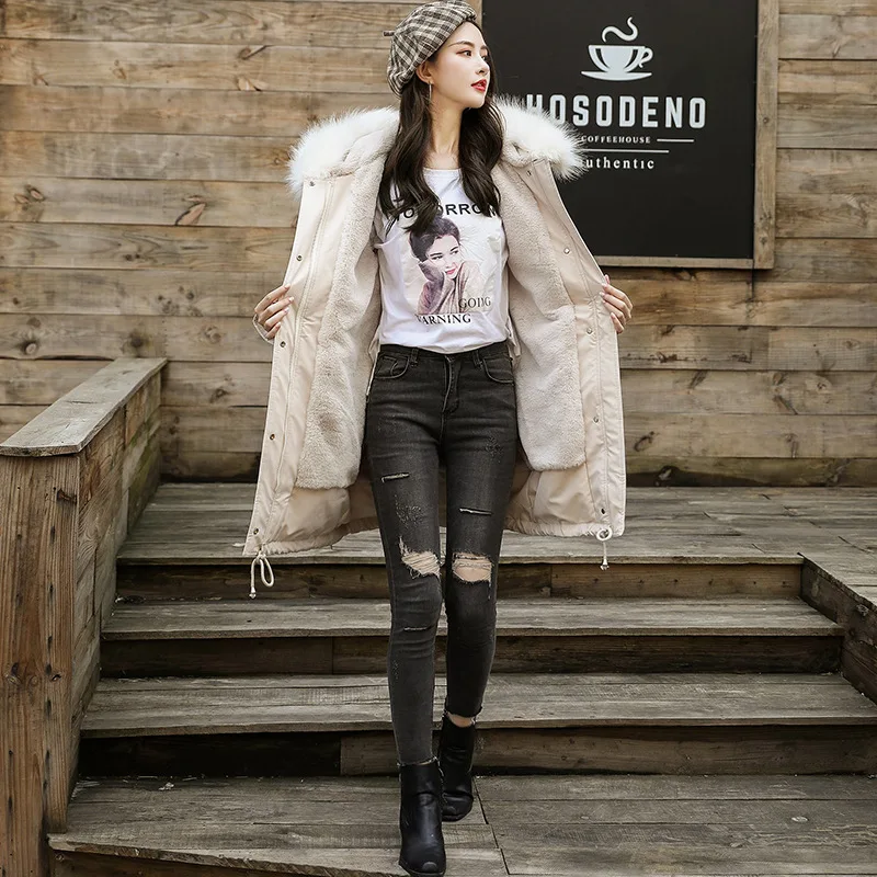 

2019 New Style Korean-style Slim Fit Corset Cotton-padded Clothes Women's Thick plus Velvet Cotton Coat Women's Long Large Fur C