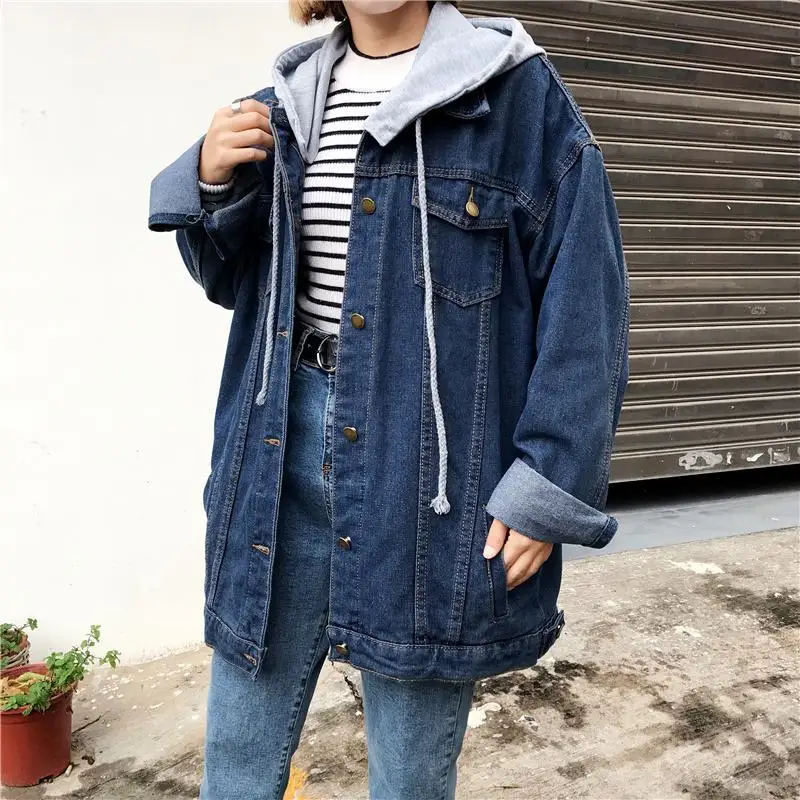 

Ladies Harajuku Tops Style Women Hooded Denim Jackets Vintage Long Sleeve Oversize Denim Coats Autumn Winter New Fashion