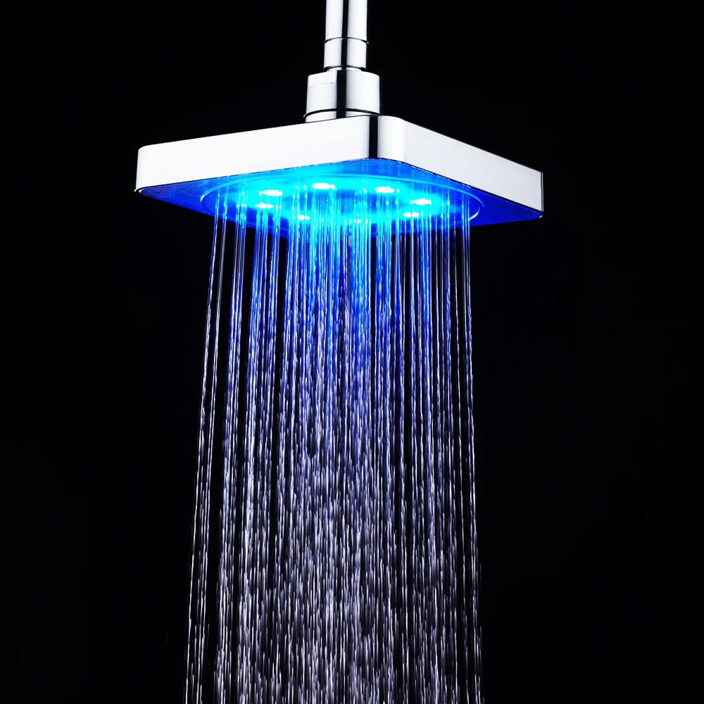 

6 Inches Square LED Top Shower Heads Water Pressured Multi-color Shower Heads Temperature Sensor or 7 Colors LED Shower Heads