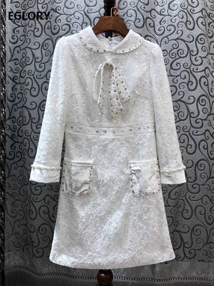 

Sequined Lace Dress 2019 Autumn Style Women Bow Tie Elegant Women Hand Made Beading Pocket Patchwork Slim Fitted White Dress