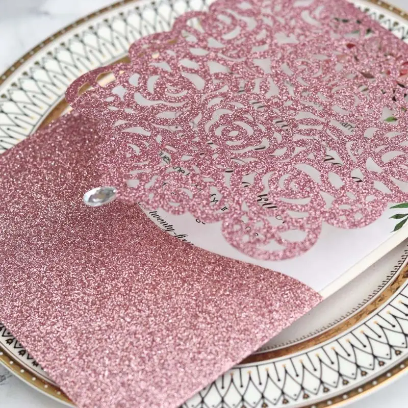  10pcs Laser Cut Glitte Rose Invitations Card with Rhinestone Kits Wedding Party - 4000313733838