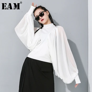 

[EAM] Women Pleated Chiffon Big Size Blouse New Stand Collar Long Sleeve Lantern Loose Fit Shirt Fashion Spring Autumn 2020 1M89