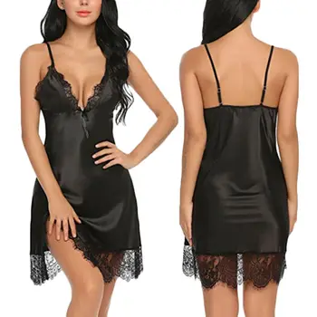 

Sexy Nightgown Lingerie Lace Patchwork Women Sheer Scalloped Satin Nightwear Sleepdress Babydoll Nightdress Sleepshirts Homewear