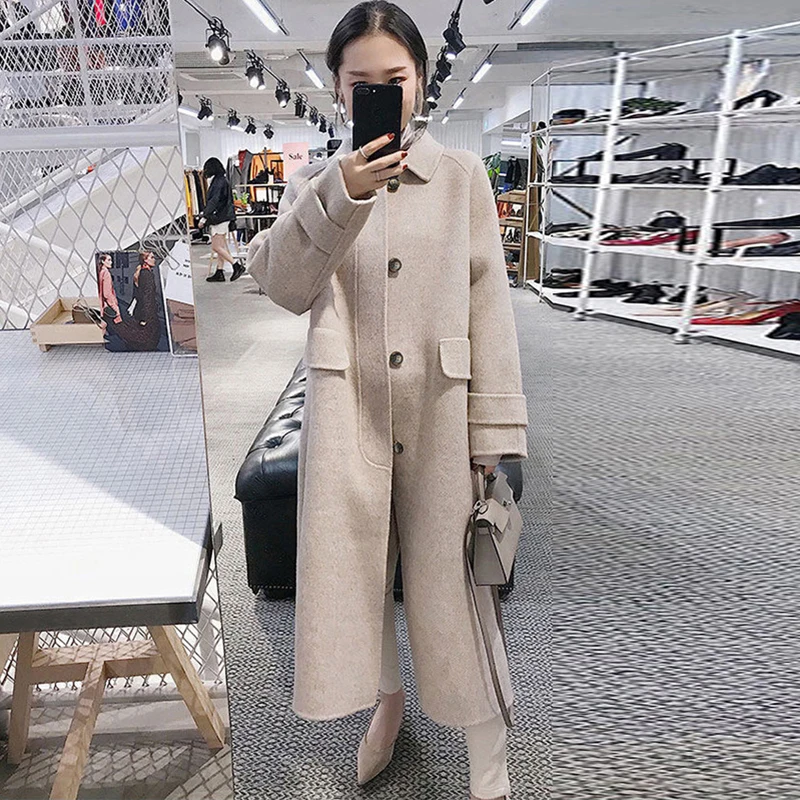 Fashion Long Wool Coat Solid Batwing Long Sleeve Warm Blend Coat Ladies Winter Turn Down Collar Straight Woolen Outerwear