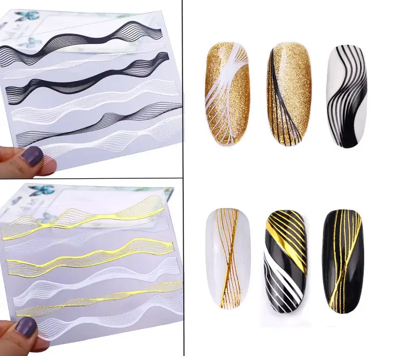 4 листа МЕТАЛЛИЧЕСКАЯ ВОЛНА Striping дизайн 3D дизайн ногтей самоклеющаяся клейкая лента-наклейка для накладные ногти Советы украшения 3d наклейки для ногтей NFC