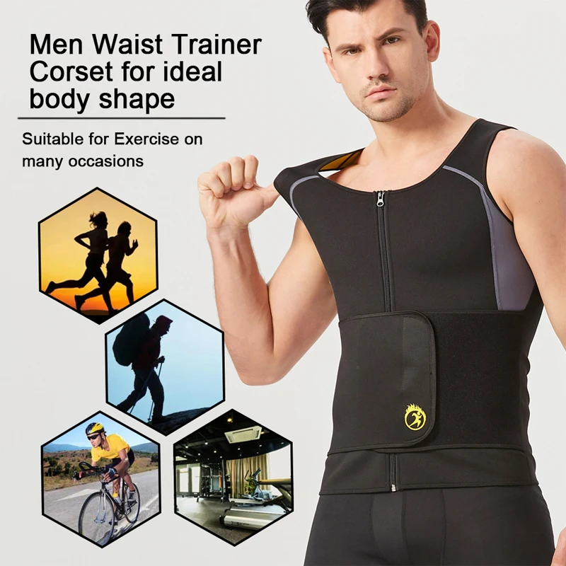 NINGMI Neoprene Sauna Vest for Men Waist Trainer Shirt Adjustable Workout Body Shaper Shapewear with Double Zipper Sauna Suit