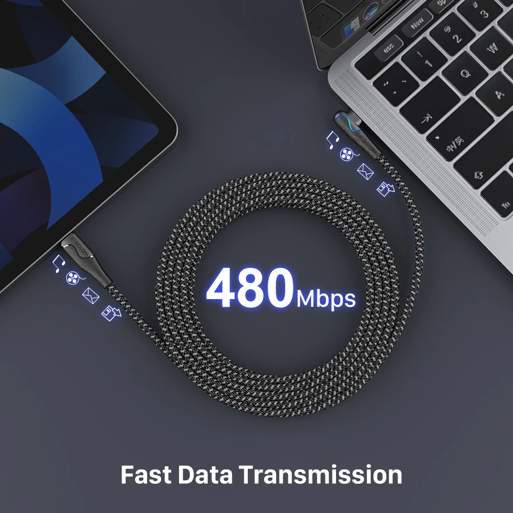 Enhanced Title: Premium 10ft USB C to USB C Cable with LED 7-Color Display and 90° Elbow Design, 100W Power Delivery, Nylon Braided Cord