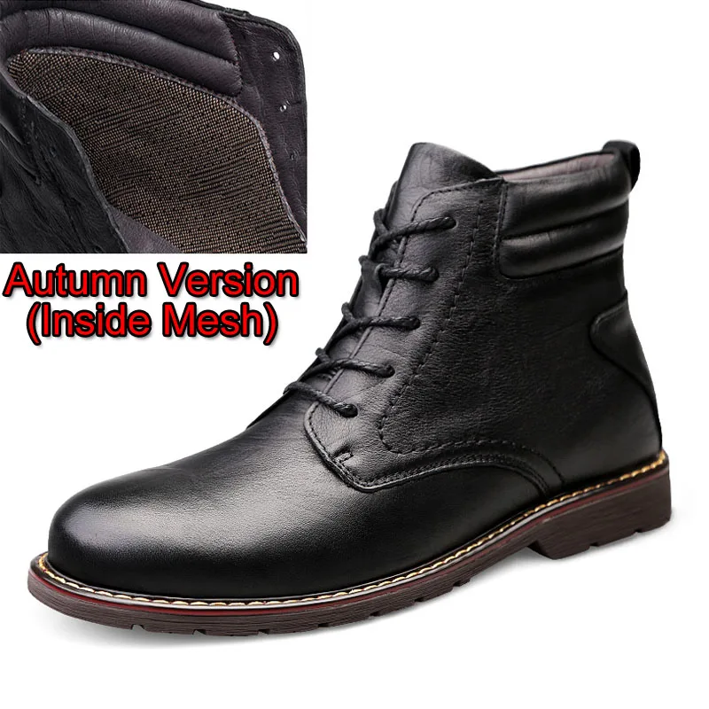 Leather Black Брендовые мужские зимние ботинки зимние плюшевые теплые мужские мотоциклетные ботинки мужские Нескользящие ботильоны на шнуровке Водонепроницаемая Осенняя мужская Рабочая обувь - Цвет: Leather Black