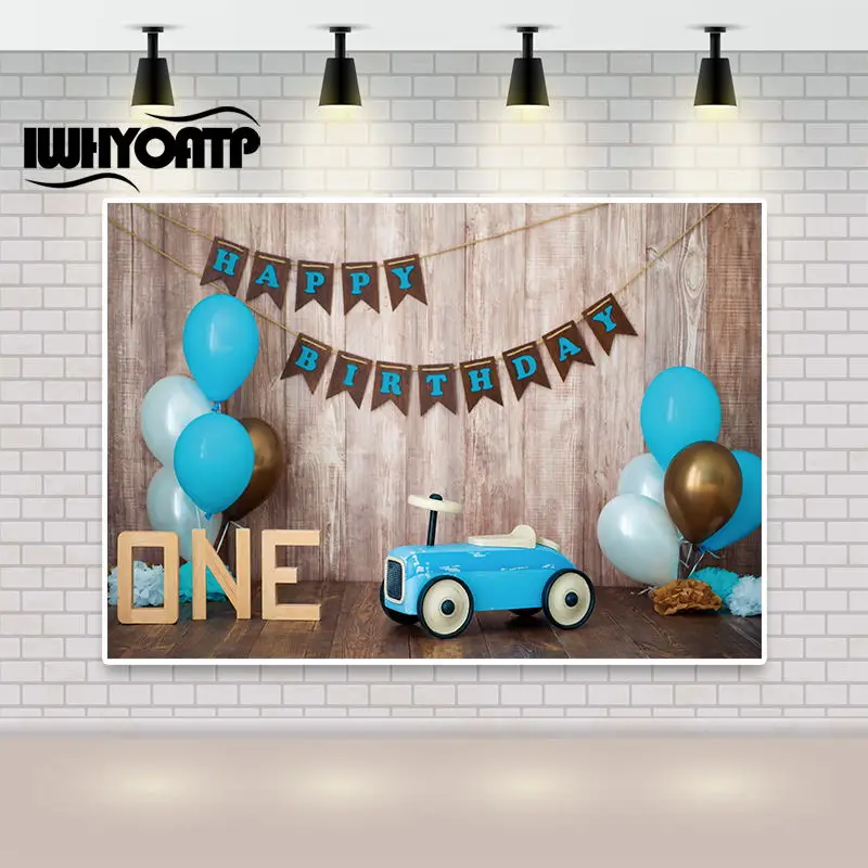 

IWHYOATP Blue Balloons Happy Birthday 1st Party Backdrops Wood Photography Backgrounds Baby Shower Photophone For Photo Studio