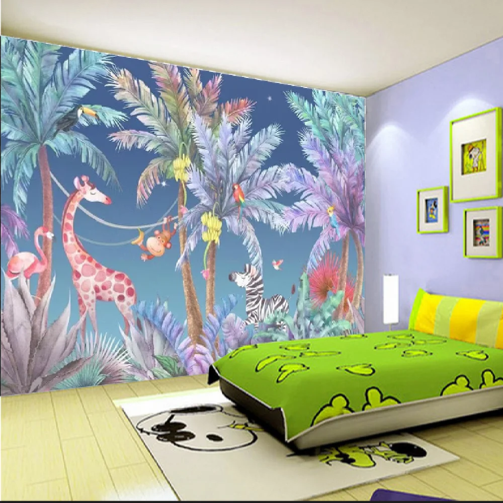 

Milofi customized large-scale 3D printing wallpaper mural tropical tree giraffe fire bird zebra animal children background wall