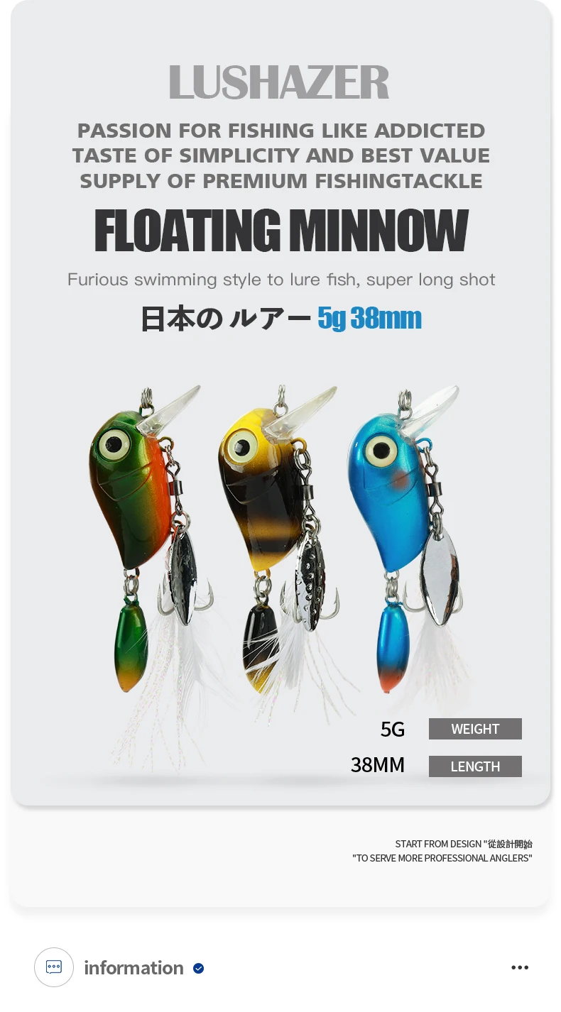 Description Picture 2 of itemLUSHAZER Minnow Crankbait  Floating 5g 38mm Fishing bait For Bass Trout pike Wobbler Artificial Hard Lures Double section