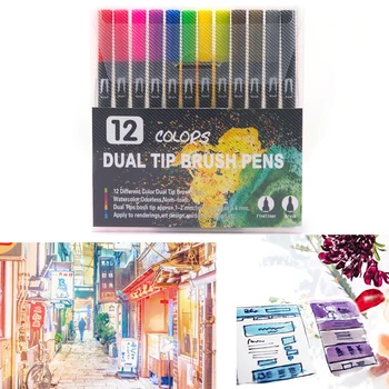 

12 Colors Dual Tip Brush Pen Watercolor Drawing Painting Marker for Kids Adults Art Doodle Coloring Books Calligraphy