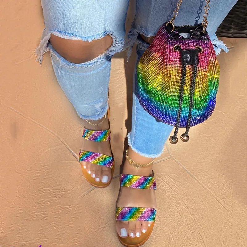 de sandalias y monedero con diamantes de imitación de arcoíris para Mujer, Chanclas planas ostentosas, zapatos de verano, sandalias - AliExpress Calzado