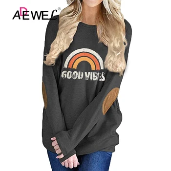 

ADEWEL 2019 Dark Gray Crew Neck Long Sleeve Elbow Patch Sweatshirt Semicircular Rainbow Pattern Women Plus Size Long Sweatshirt