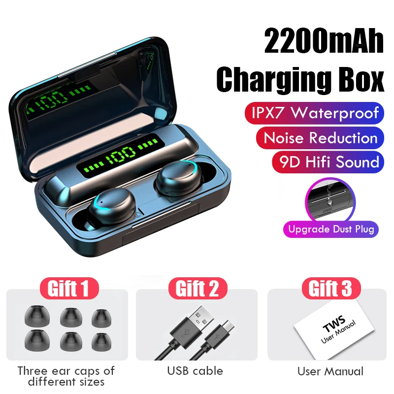 TWS Bluetooth 5 0 Earphones 2200mAh Charging Box Wireless Headphone 9D Stereo Sports Waterproof Earbuds Headsets With Microphone