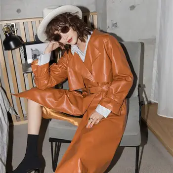 

Heydress 2019 Fashion Slim Pu Cortex Trench Coat Women Waistband Suit Collar Streetwear Autumn Winter New Top Women