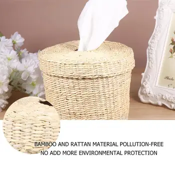 

Napkin Box Holder Straw Weaving Napkin Case Round Tissue Box Napkin Storage Container Tissue Holder For Home Car Restaurant