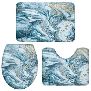 

Marble Texture Blue Golden Metal Art Wave Bath Set Toilet Cover Mat Pedestal Rug Non-Slip Bathroom Rug Set