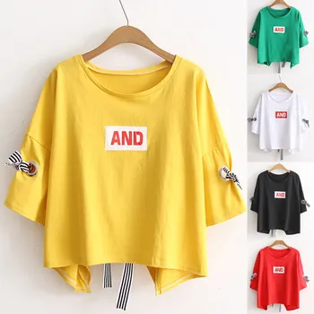 

Women Loose O-Neck T-shirt Half Sleeve Bandage Crop Pullover Tops Ladies Office Shirts Korean Fashion short sleeve