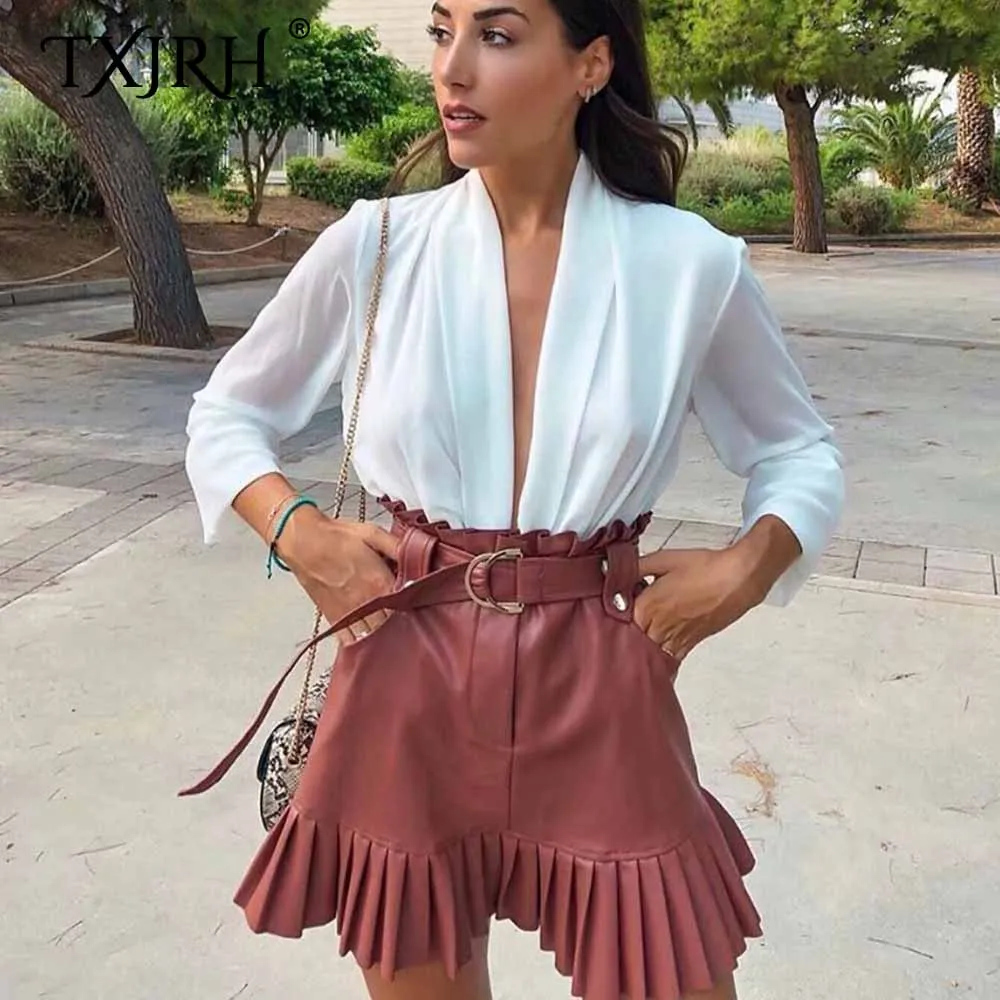 TXJRH стильные мини-юбки с деревянными ушками на талии и поясом из искусственной кожи с плиссированным подолом, ретро Женская посылка на бедрах, короткие юбки на подкладке, 2 цвета