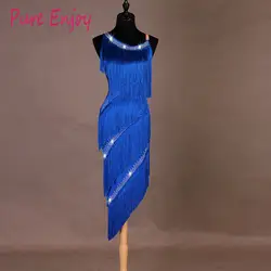 Новые Конкурс латинского танца Платья-исполнители Танцующие юбки Синее платье с бахромой Танцевальная одежда для женщин