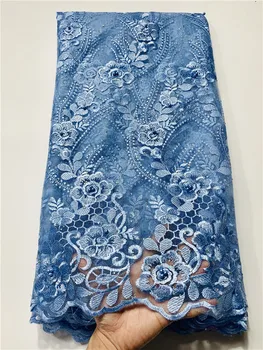

High quality sky blue african french lace african lace fabric with pretty beads nigerian lace fabrics for party dress FYIN312