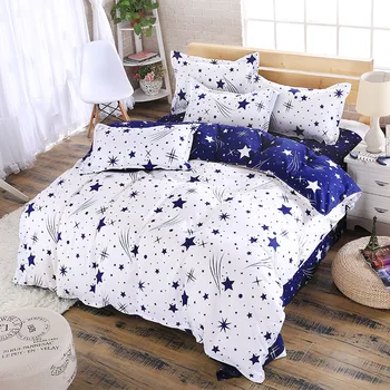 

White & Blue AB Side Stars Printed Duvet Cover Set Bed Sheet and Pillowcases Comforter Cover Set Soft Bed Linens Bedding Set